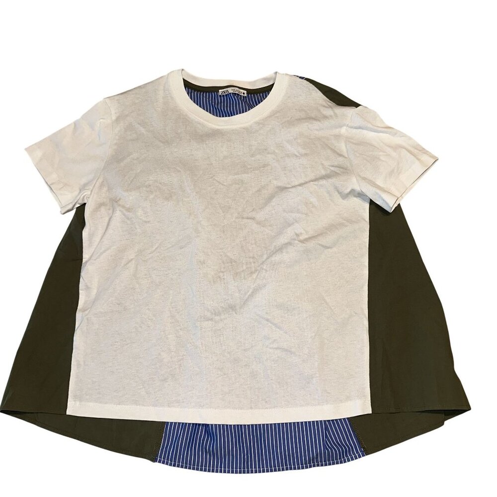 Zara White Green Blue Mixed Media Poplin T-Shirt Women's Small S